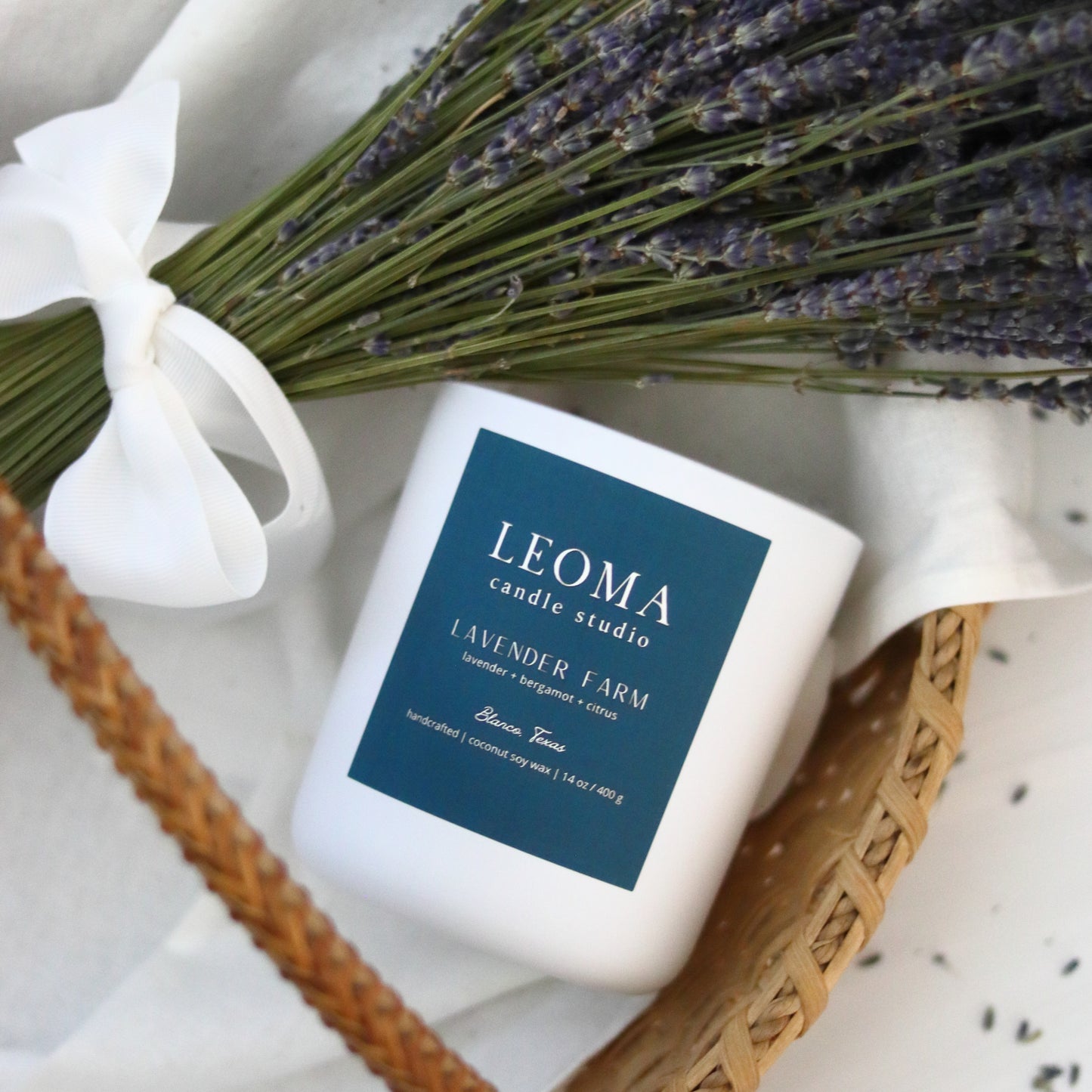 Handcrafted eco-friendly scented candle. Natural coconut & soy wax, toxin-free, 100% cotton wicks. White vessel. Lavender Farm classic scented.
