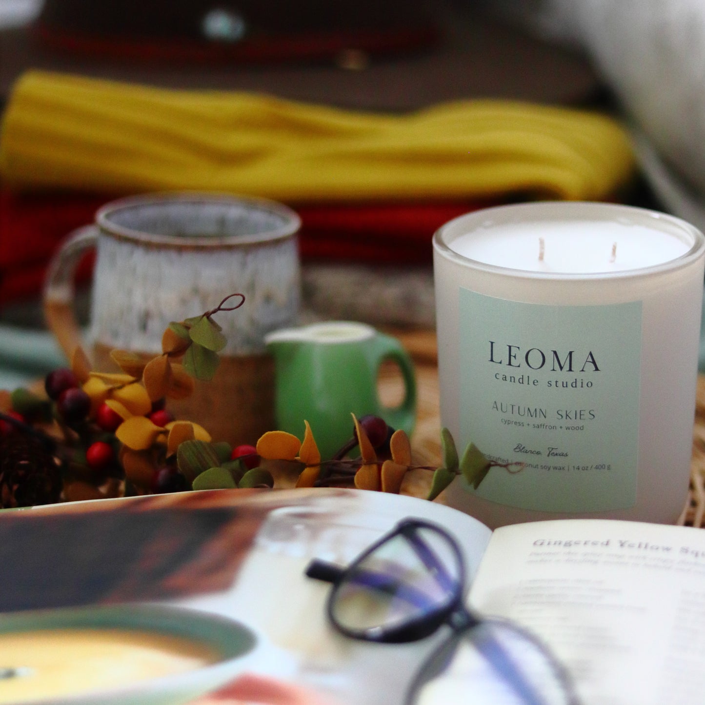 Handcrafted eco-friendly scented candle. Natural coconut & soy wax, toxin-free, 100% cotton wicks. Cream vessel. Autumn Skies fall scent.