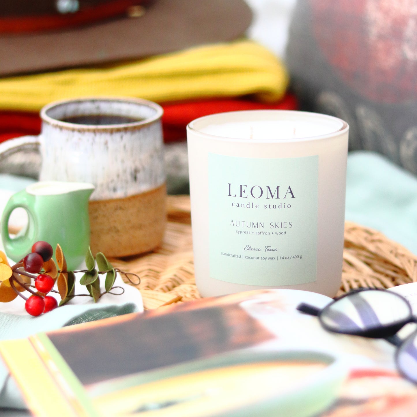 Handcrafted eco-friendly scented candle. Natural coconut & soy wax, toxin-free, 100% cotton wicks. cream vessel. Autumn Skies fall scent.