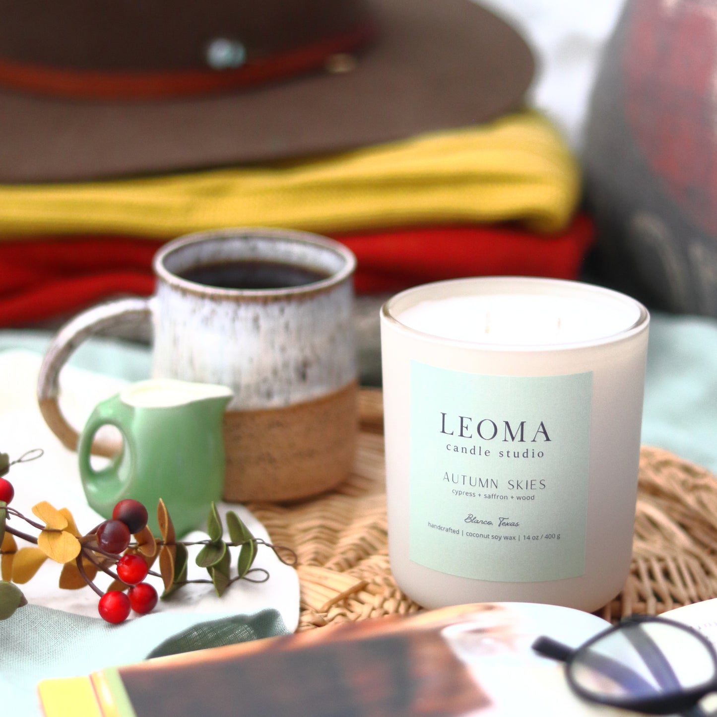 Handcrafted eco-friendly scented candle. Natural coconut & soy wax, toxin-free, 100% cotton wicks. cream vessel. Autumn Skies fall scent.