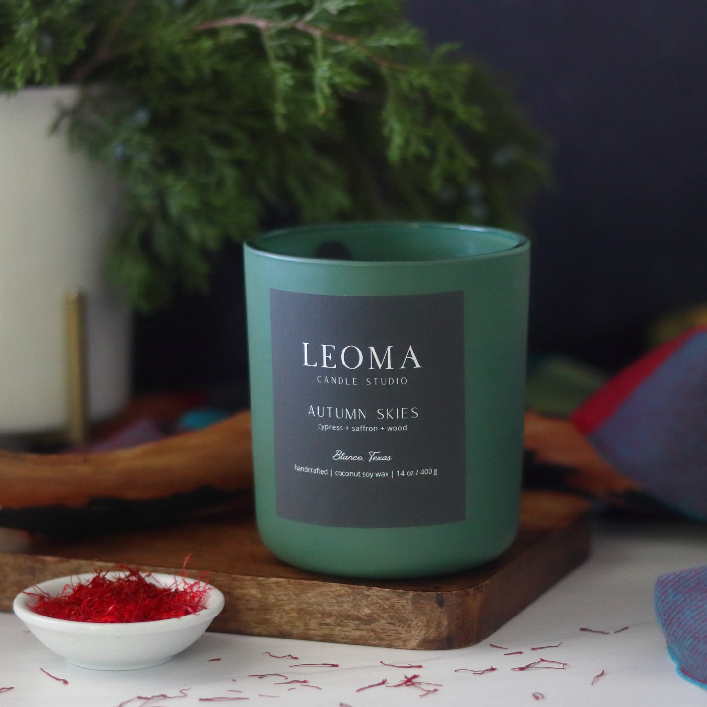 Handcrafted eco-friendly scented candle. Natural coconut & soy wax, toxin-free, 100% cotton wicks. Olive vessel. Autumn Skies fall scent.