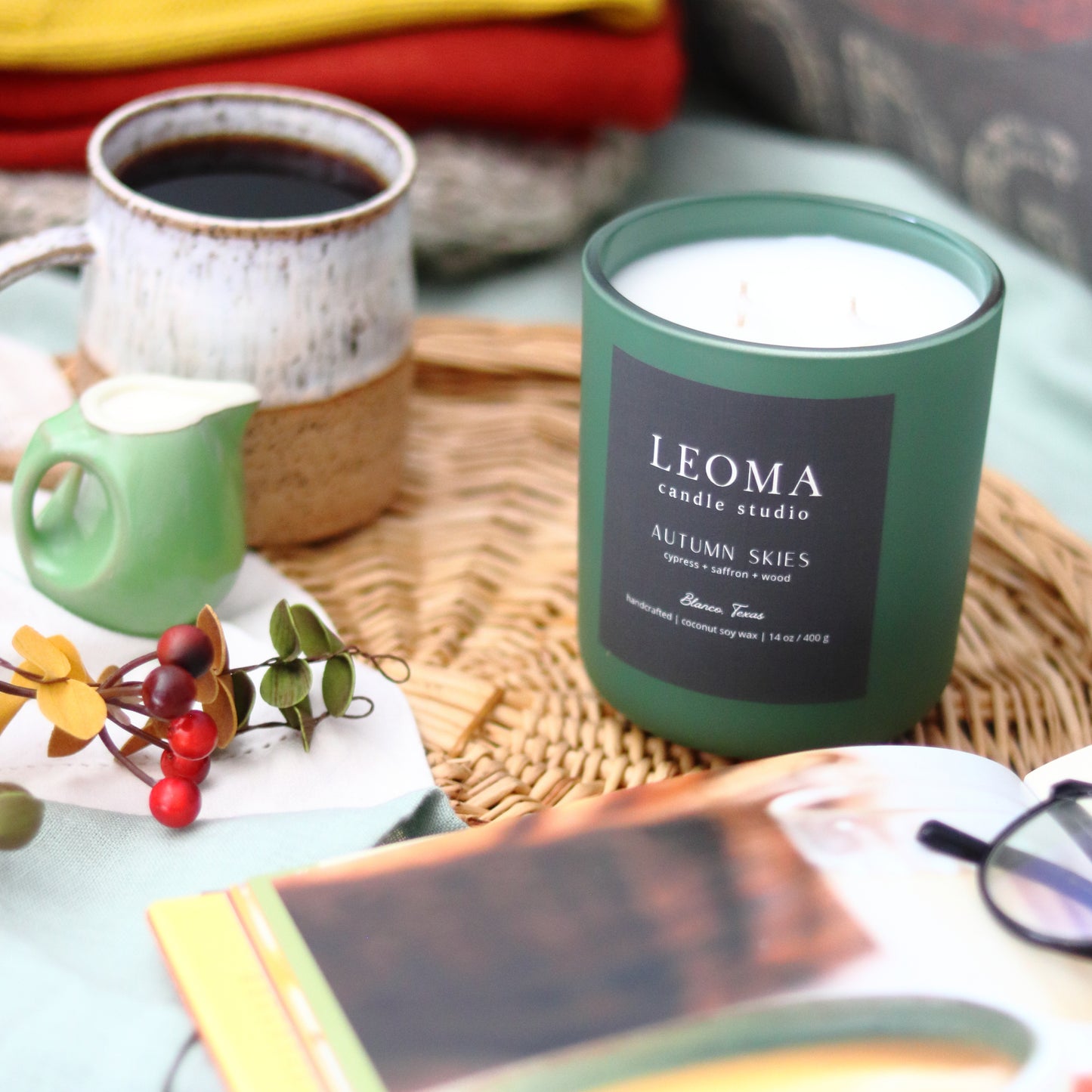 Handcrafted eco-friendly scented candle. Natural coconut & soy wax, toxin-free, 100% cotton wicks. Olive vessel. Autumn Skies fall scent.