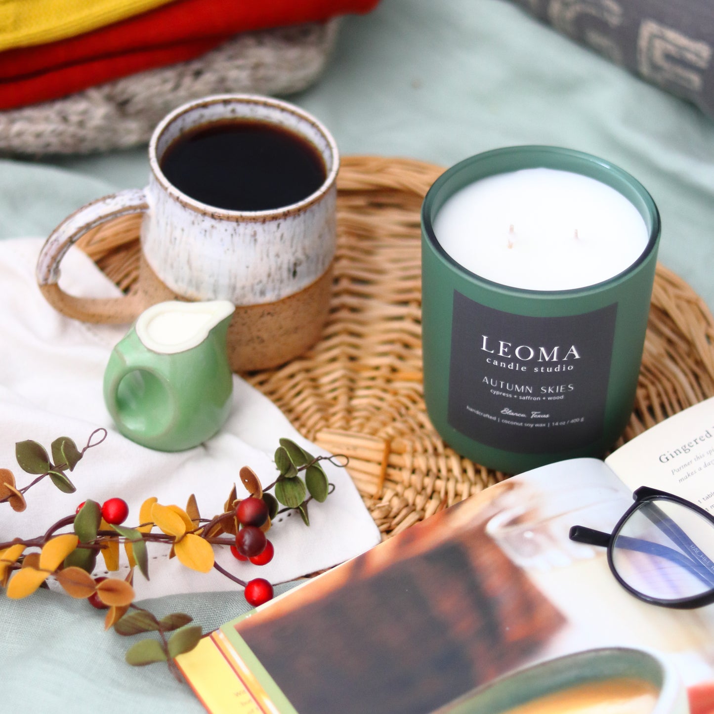 Handcrafted eco-friendly scented candle. Natural coconut & soy wax, toxin-free, 100% cotton wicks. Olive vessel. Autumn Skies fall scent.