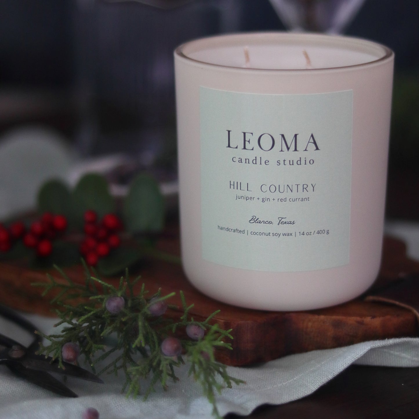 Handcrafted eco-friendly scented candle. Natural coconut & soy wax, toxin-free, 100% cotton wicks. Cream vessel. Hill Country scented.