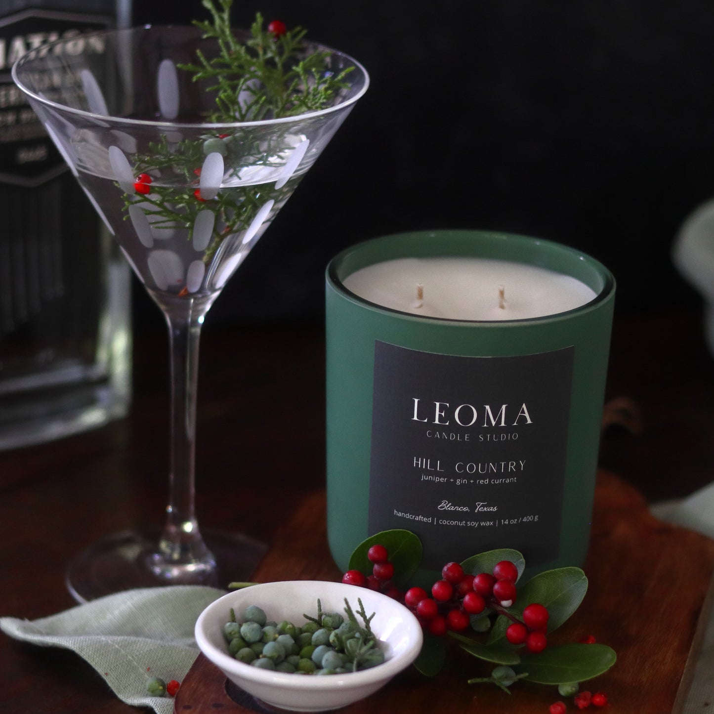 Handcrafted eco-friendly scented candle. Natural coconut & soy wax, toxin-free, 100% cotton wicks. Olive vessel. Hill Country scented.