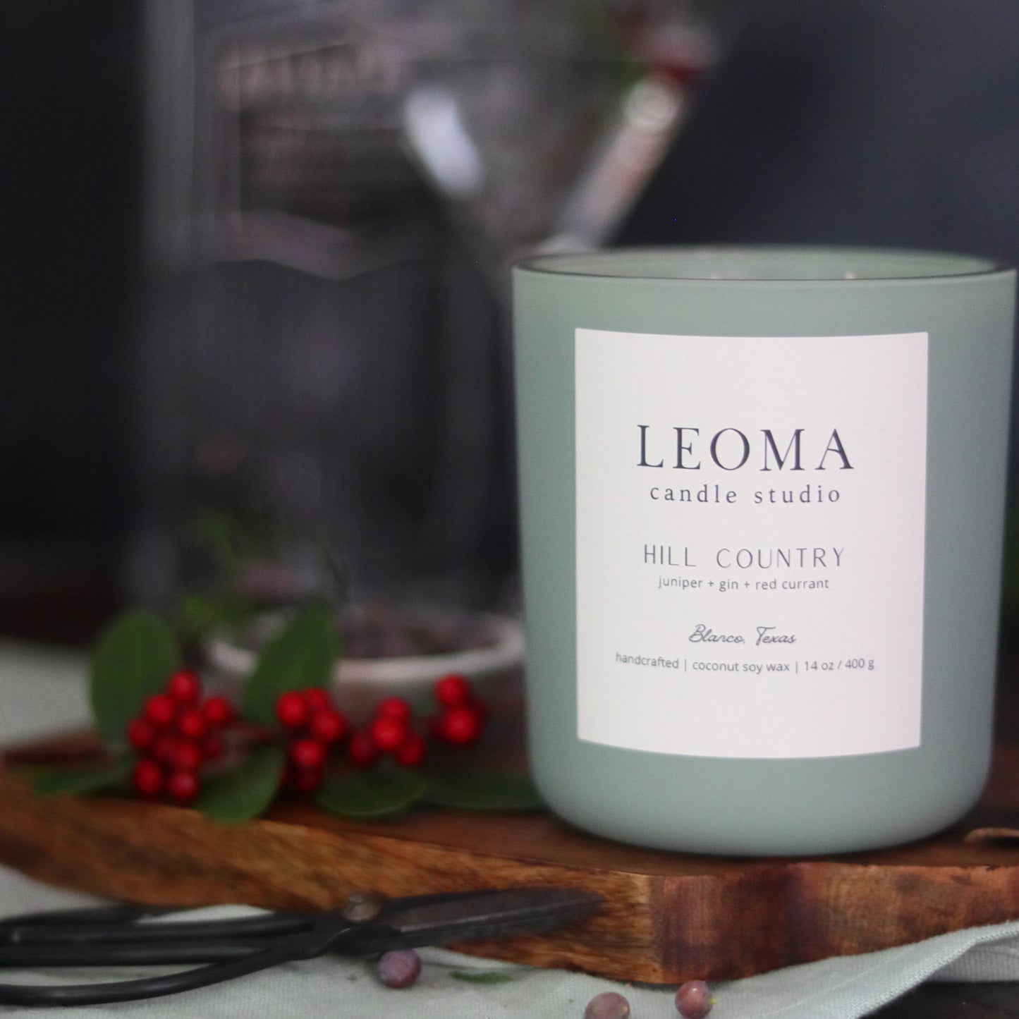Handcrafted eco-friendly scented candle. Natural coconut & soy wax, toxin-free, 100% cotton wicks. sage vessel. Hill Country scented.