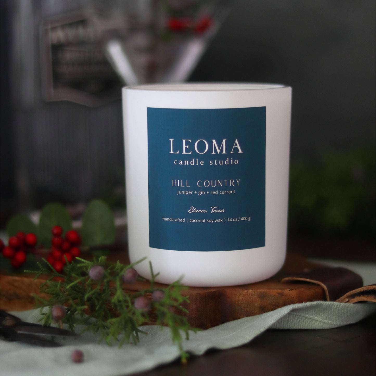 Handcrafted eco-friendly scented candle. Natural coconut & soy wax, toxin-free, 100% cotton wicks. white vessel. Hill Country scented.