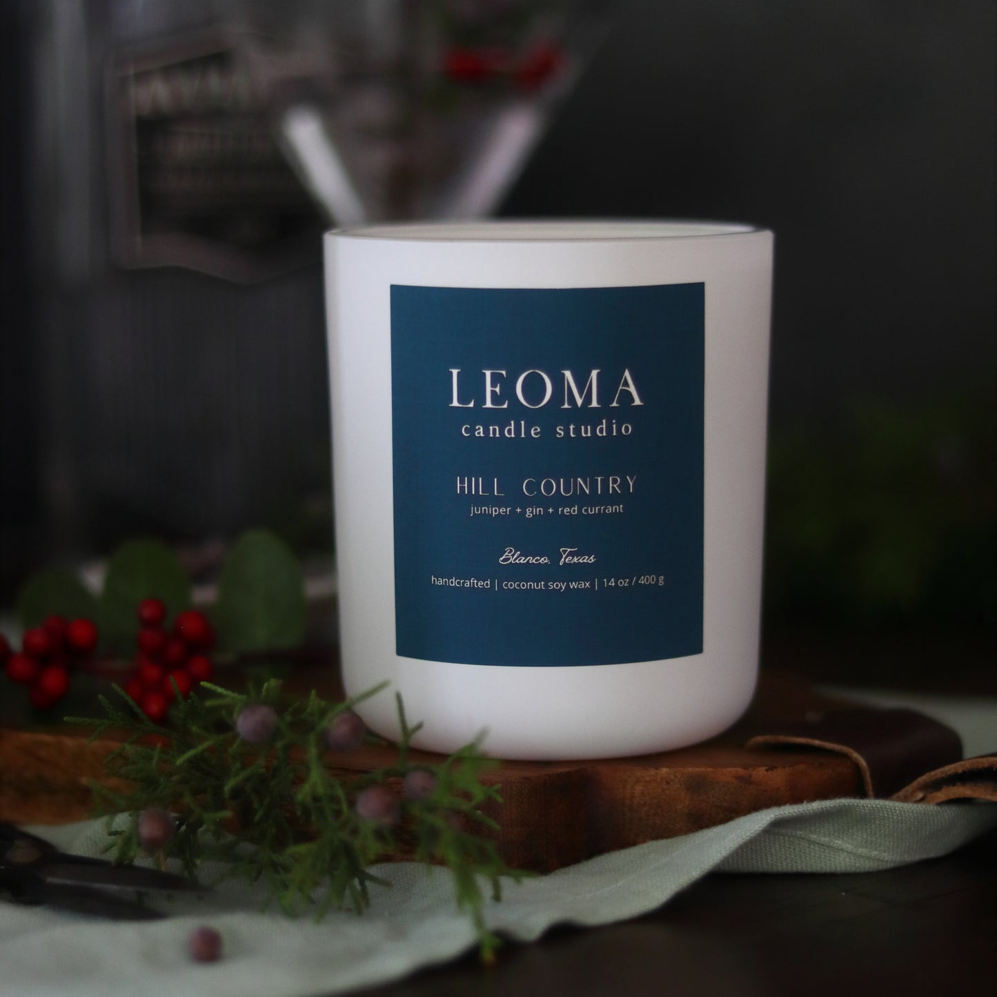Handcrafted eco-friendly scented candle. Natural coconut & soy wax, toxin-free, 100% cotton wicks. White vessel. Hill Country scented.