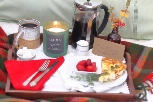 Breakfast in bed tray with coconut soy scented candle