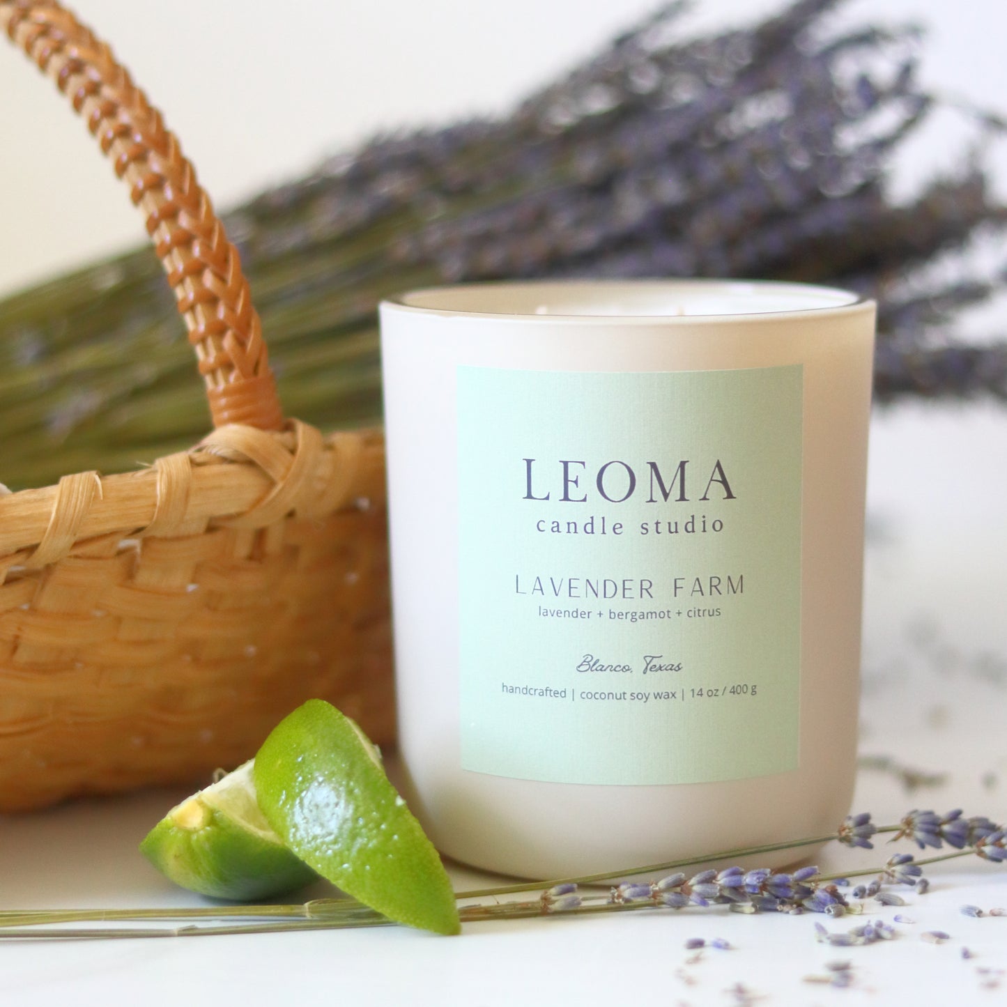 Handcrafted eco-friendly scented candle. Natural coconut & soy wax, toxin-free, 100% cotton wicks. Cream vessel. Lavender Farm classic scented.