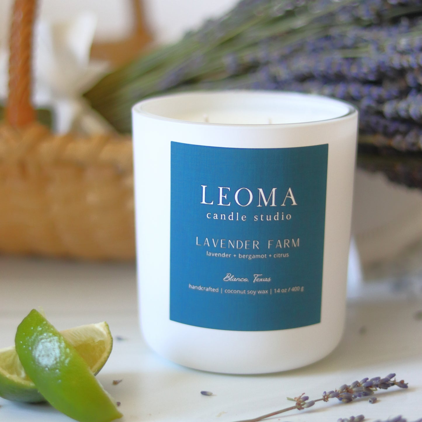 Handcrafted eco-friendly scented candle. Natural coconut & soy wax, toxin-free, 100% cotton wicks. White vessel. Lavender Farm classic scented.