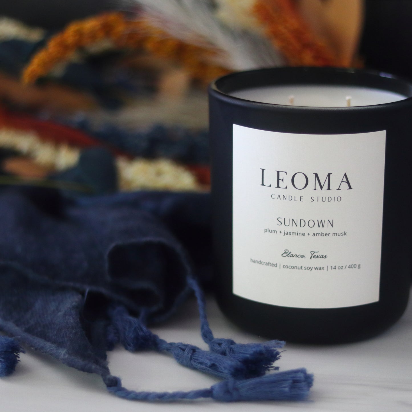 Handcrafted eco-friendly scented candle. Natural coconut & soy wax, toxin-free, 100% cotton wicks. Black vessel. Sundown scented.