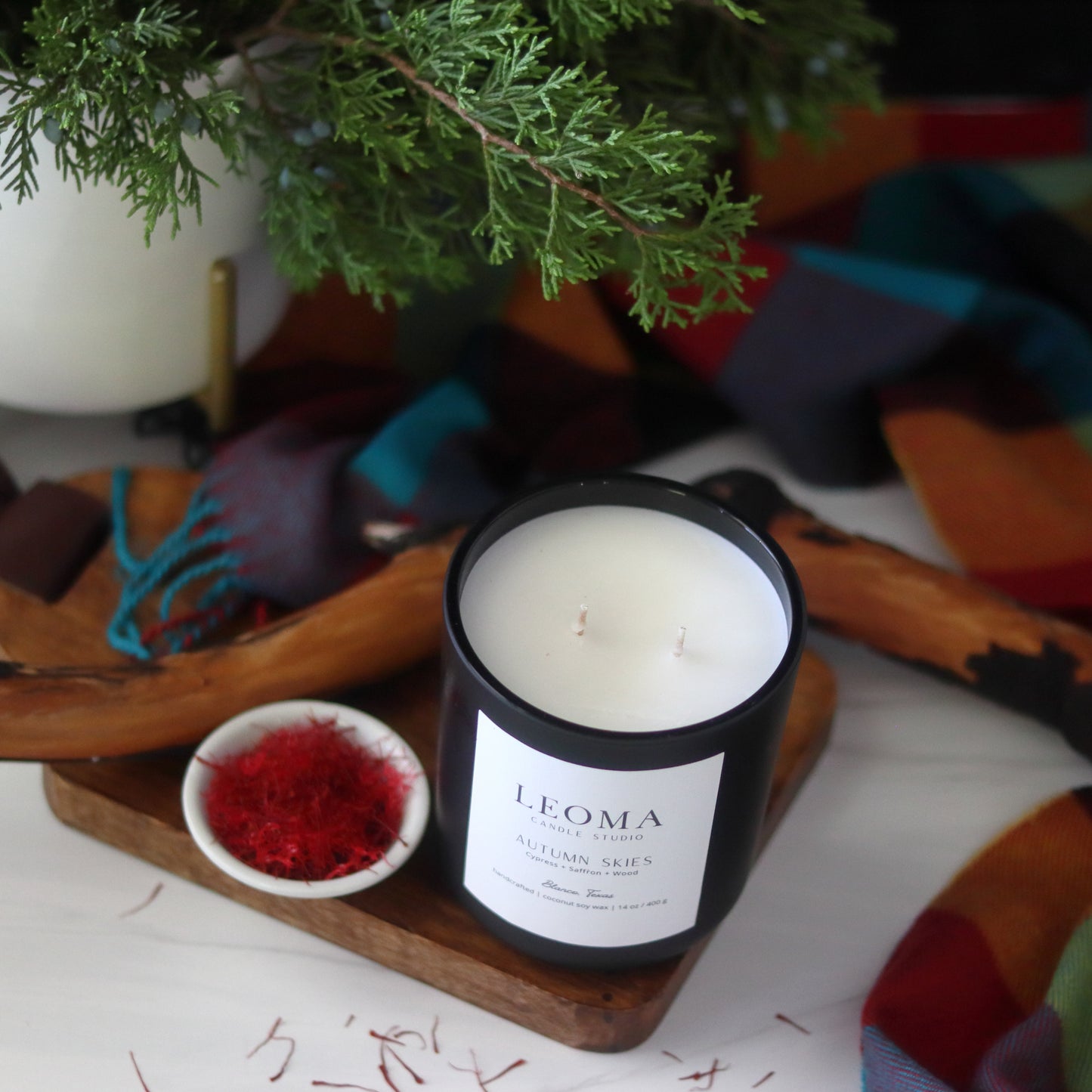 Handcrafted eco-friendly scented candle. Natural coconut & soy wax, toxin-free, 100% cotton wicks. black vessel. Autumn Skies fall scent.