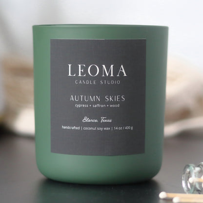 Scented natural soy candle. non toxic. Autumn Skies fall scent. Olive vessel. Front.