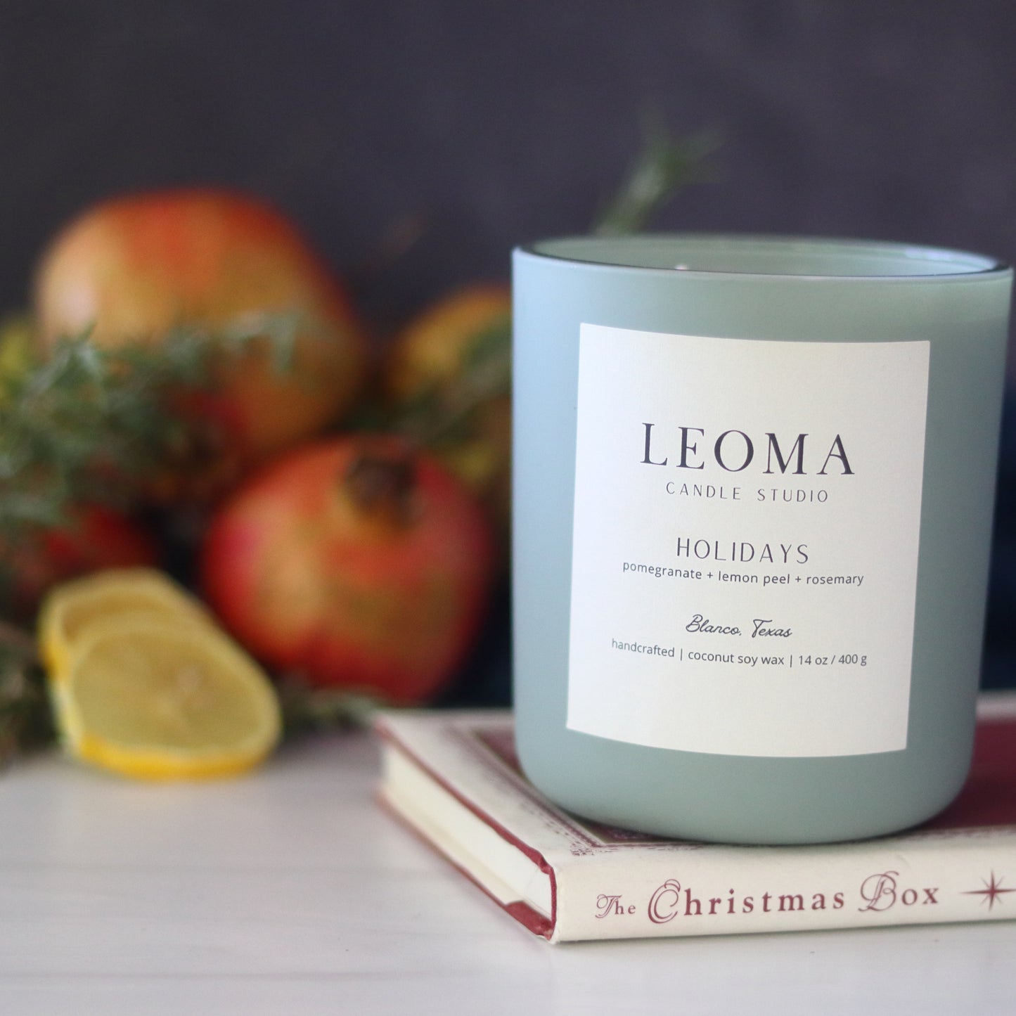 Handcrafted eco-friendly scented candle. Natural coconut & soy wax, toxin-free, 100% cotton wicks. Sage vessel. Holidays scented.